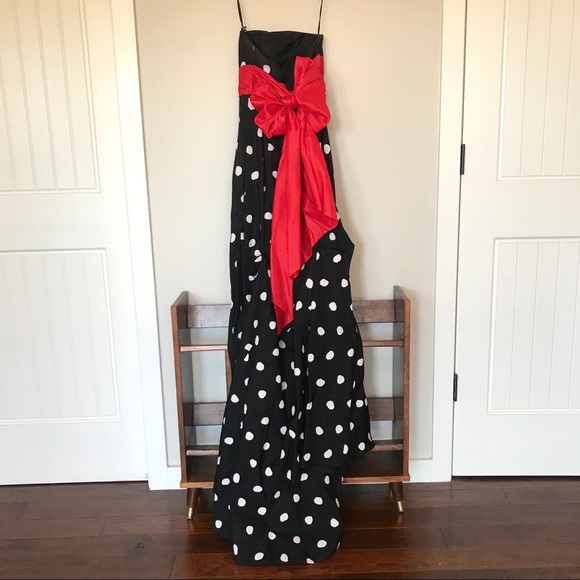 Jovani 🎀 Strapless Polka Dot Red Bow Prom Dress - Picture 2 of 8